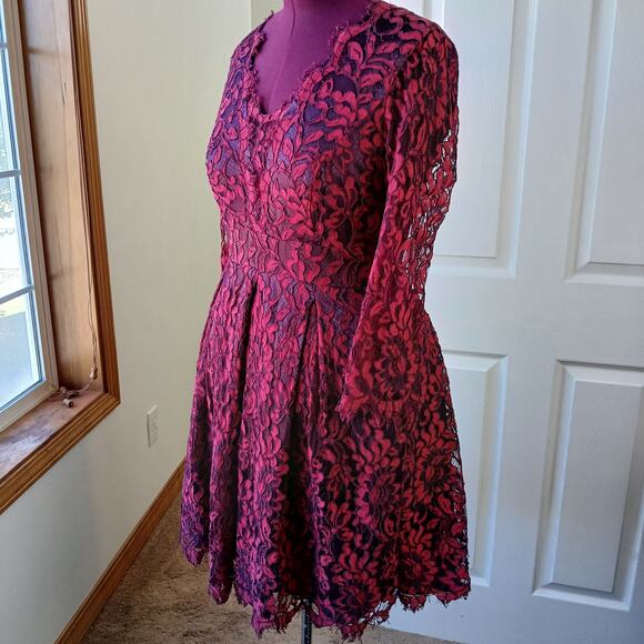Eliza J Burgundy Fit & Flare Scallop Lace Cocktail Dress 12 midi zip pockets - Picture 1 of 14